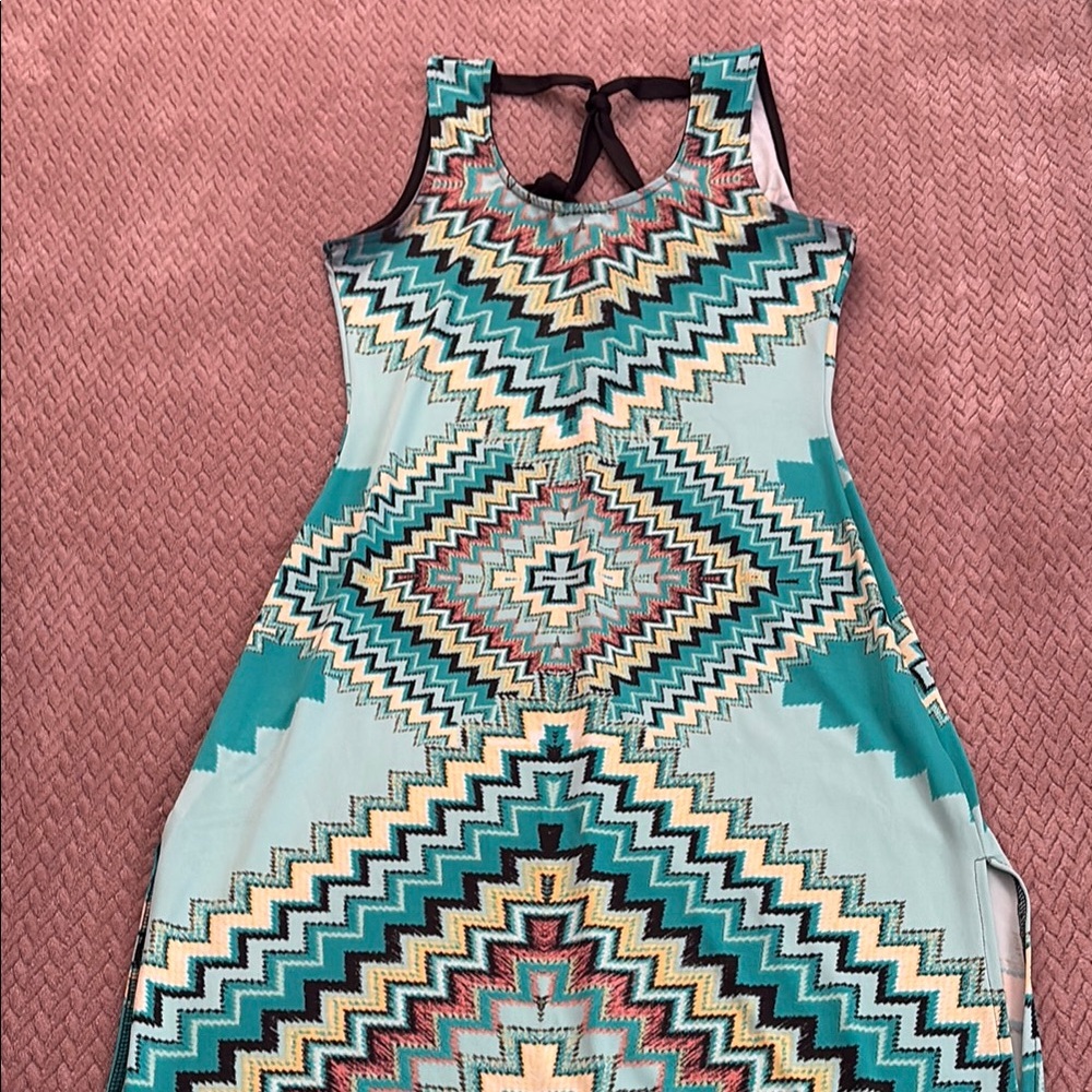 Bailey Blue Backless Halter Sundress in Blue and Black side thigh slits